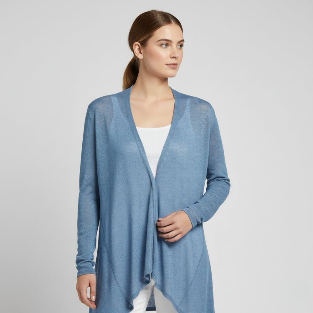 Eileen Fisher Womens Size Small Linen Blue Button Asymmetrical Cardigan